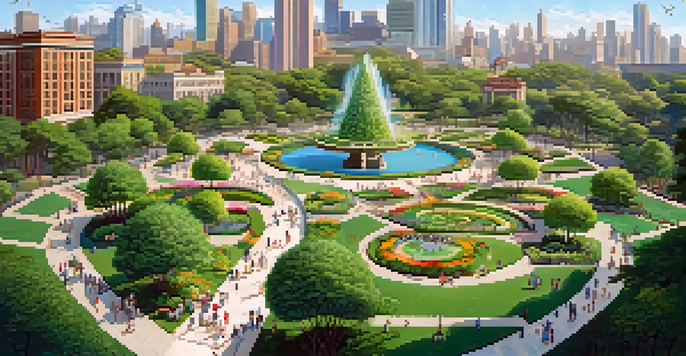 Aerial view of a vibrant city park with people walking, surrounded by greenery and art installations.