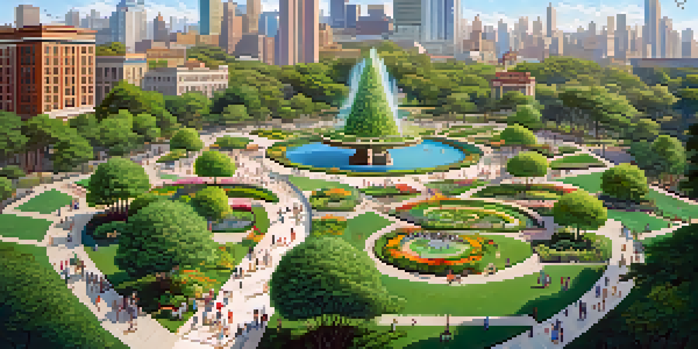 Aerial view of a vibrant city park with people walking, surrounded by greenery and art installations.
