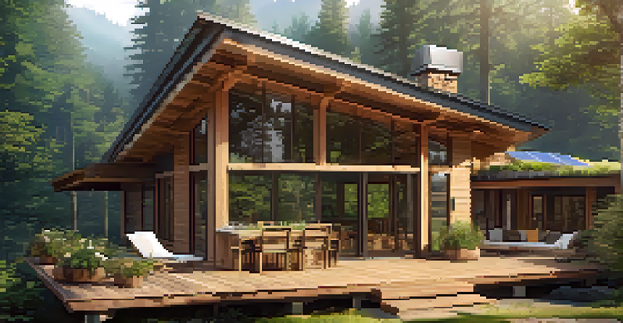 A serene eco-lodge in a forest with natural materials, large windows, and solar panels, surrounded by greenery and sunlight.