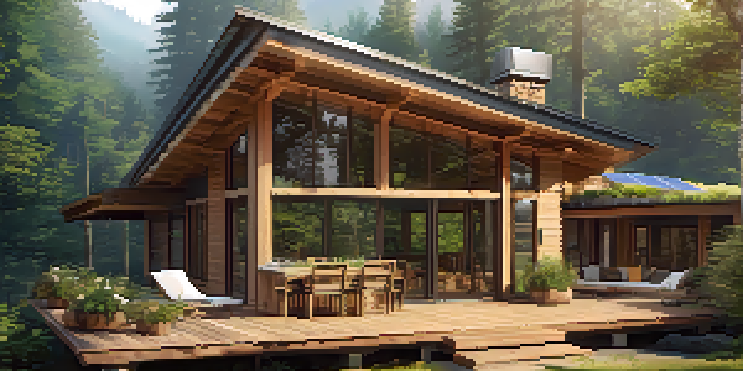A serene eco-lodge in a forest with natural materials, large windows, and solar panels, surrounded by greenery and sunlight.