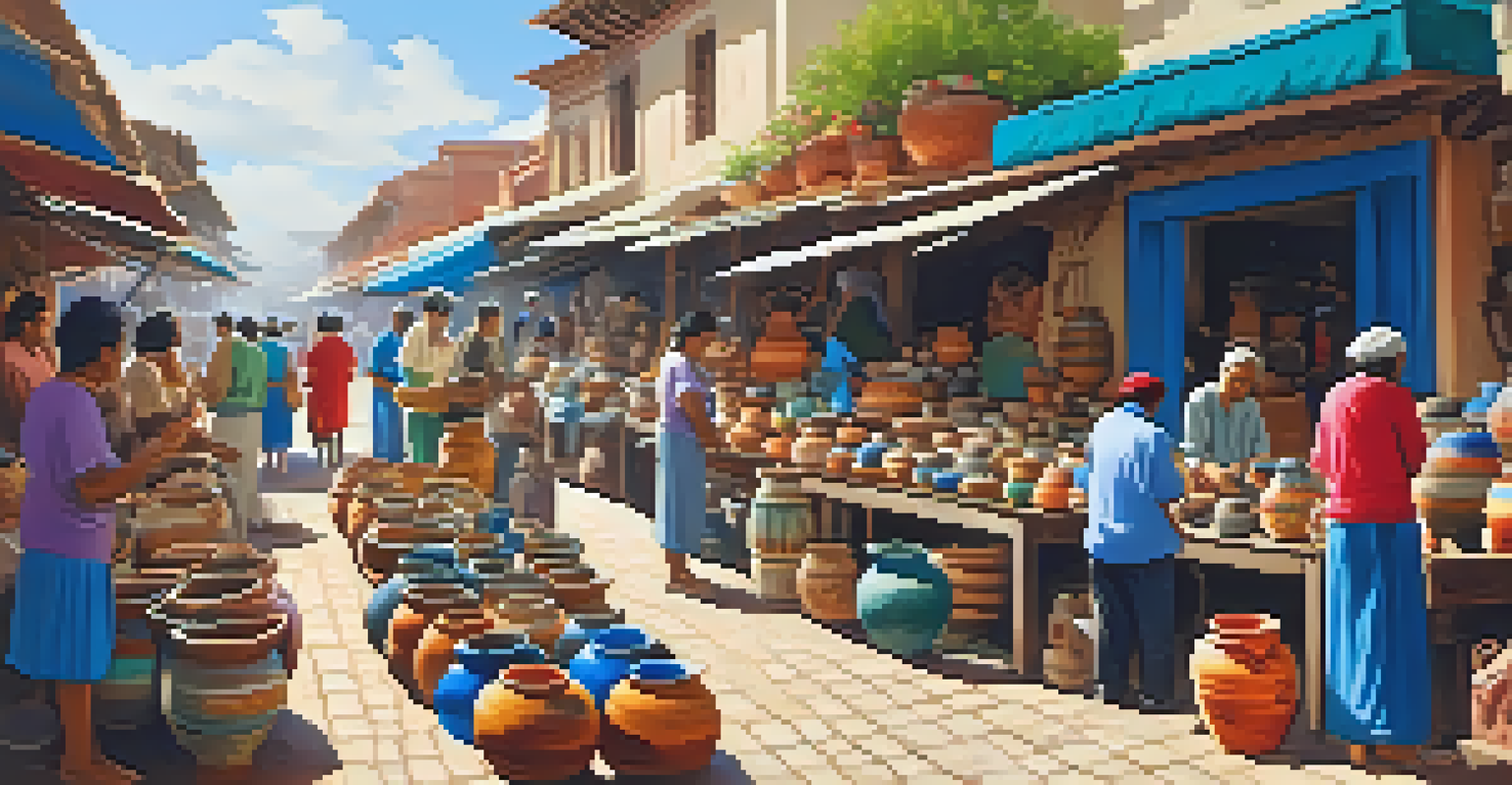A lively local pottery market with various colorful ceramic items and artisans interacting with customers.
