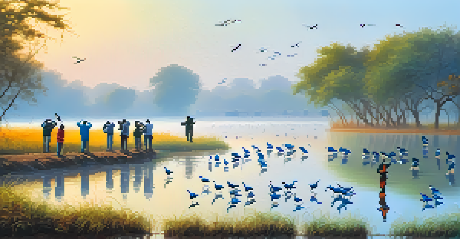 Birdwatchers observing colorful migratory birds at Bharatpur Bird Sanctuary during sunrise, with a misty lake in the background.
