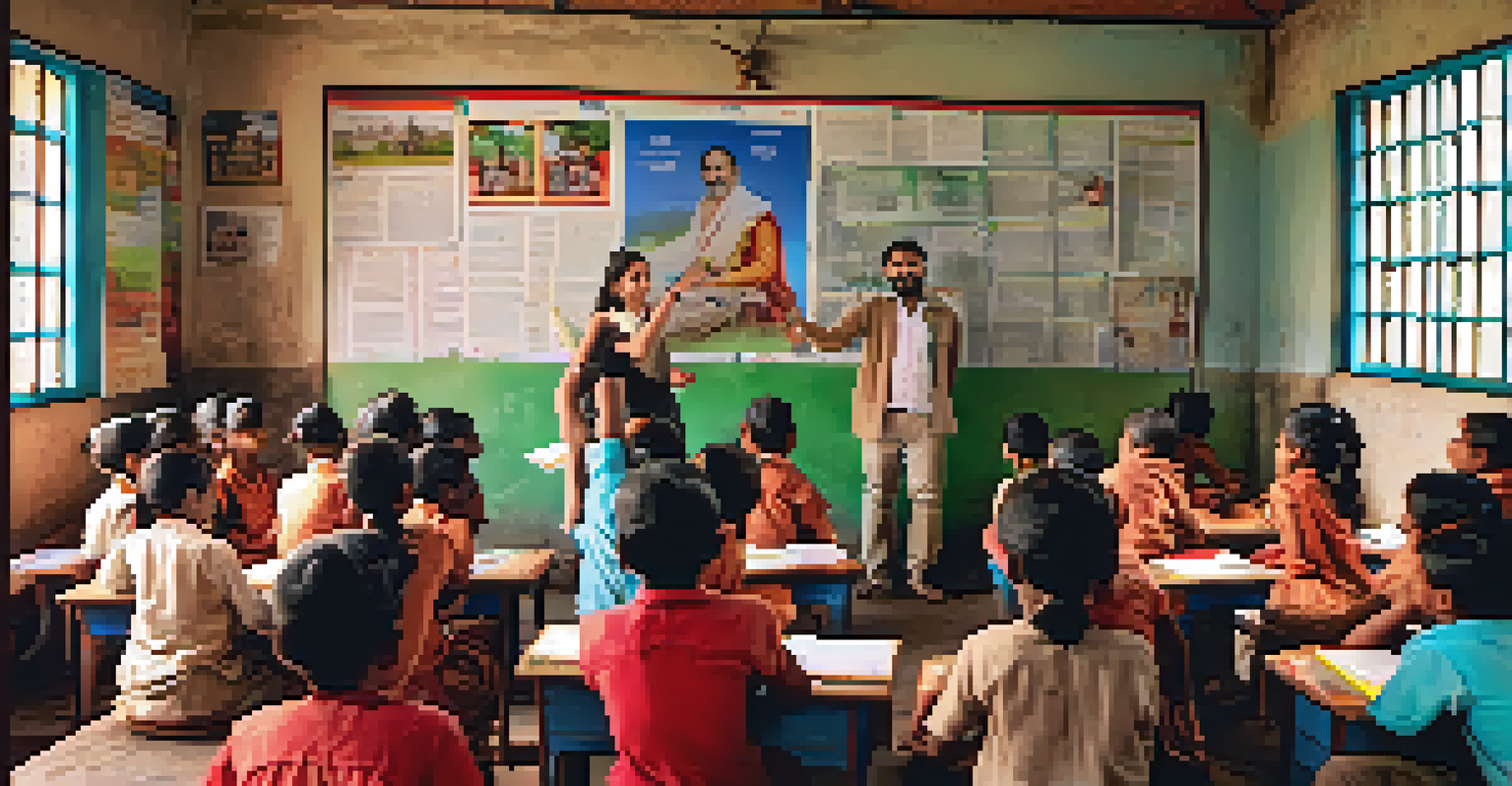 A foreign volunteer teaching English to local students in a classroom filled with educational posters.