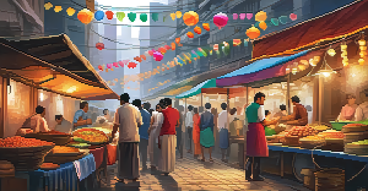 A lively street food scene in Mumbai with vendors preparing traditional dishes and crowds enjoying the food.