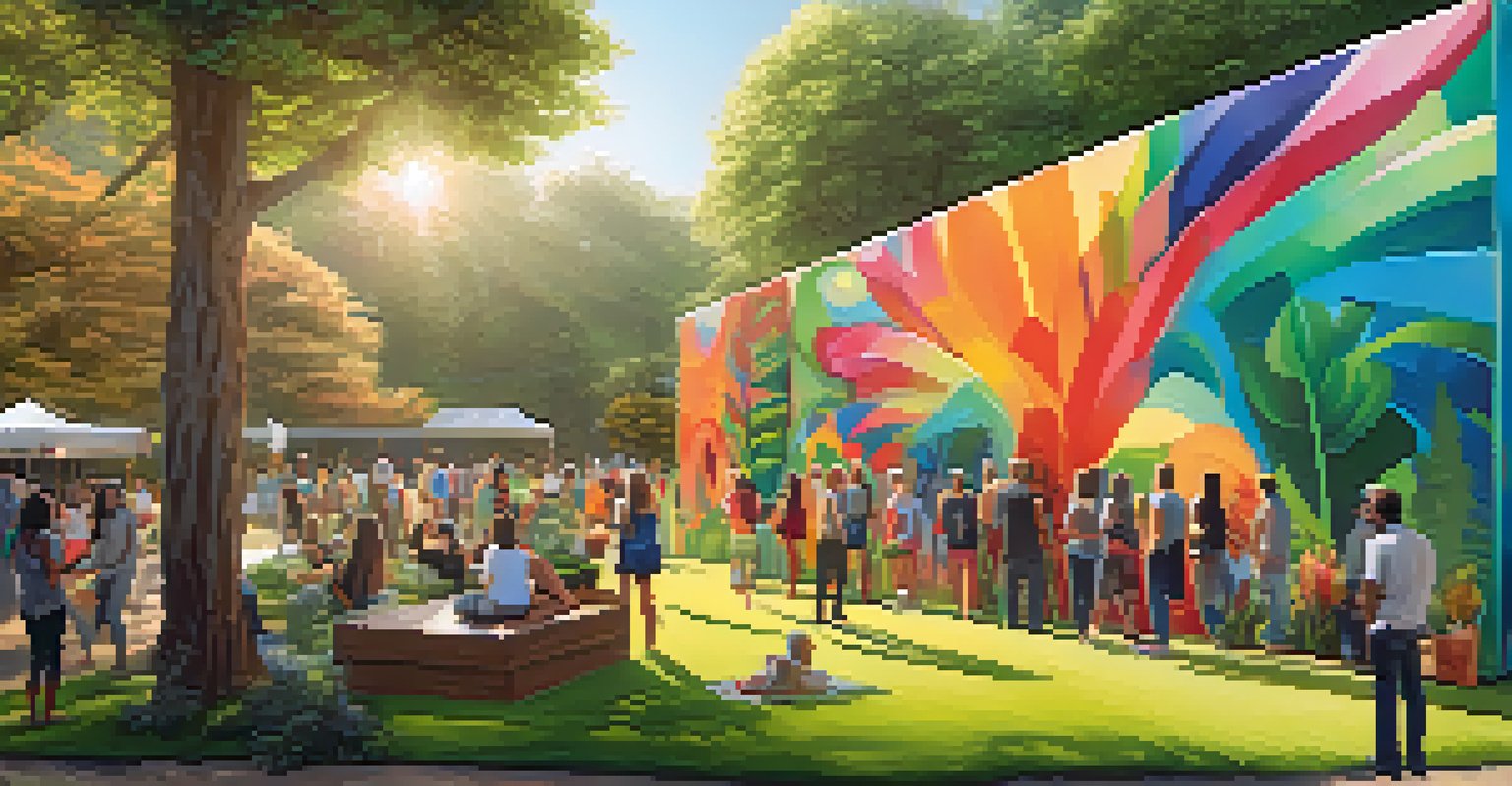 An outdoor scene at a wellness festival showcasing colorful art installations, with people interacting and enjoying the creative environment.