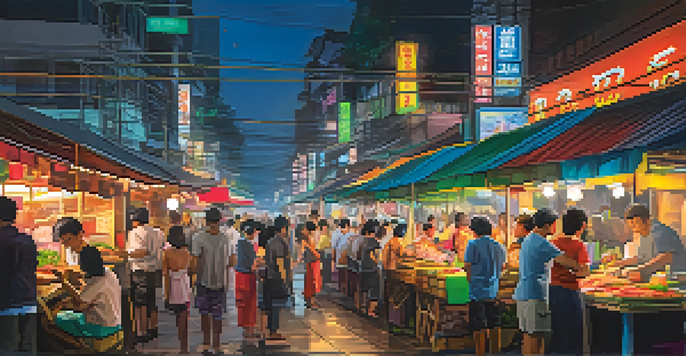 A busy night market in Bangkok filled with colorful food stalls and people enjoying street food.