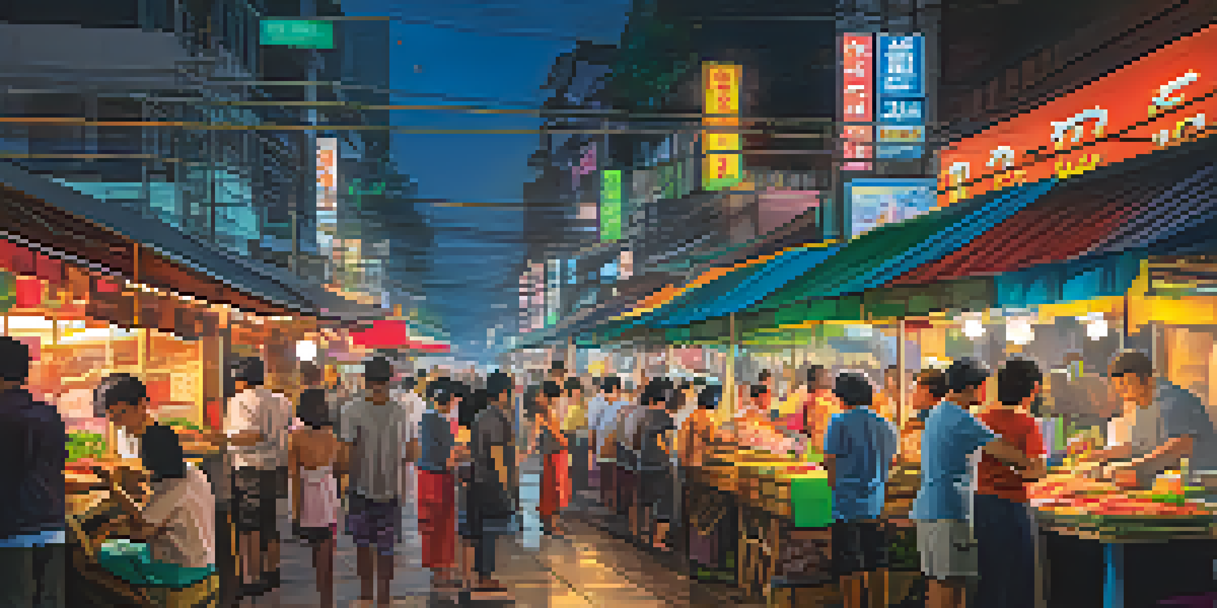 A busy night market in Bangkok filled with colorful food stalls and people enjoying street food.