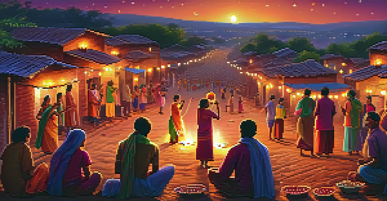 A beautiful village scene during Diwali, with clay lamps lighting up the streets and villagers celebrating joyfully at night.