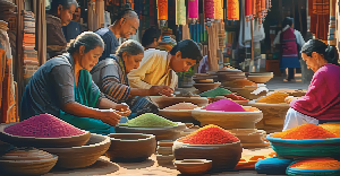 A lively market filled with artisans showcasing handcrafted goods like pottery and textiles, with colorful stalls and warm sunlight.