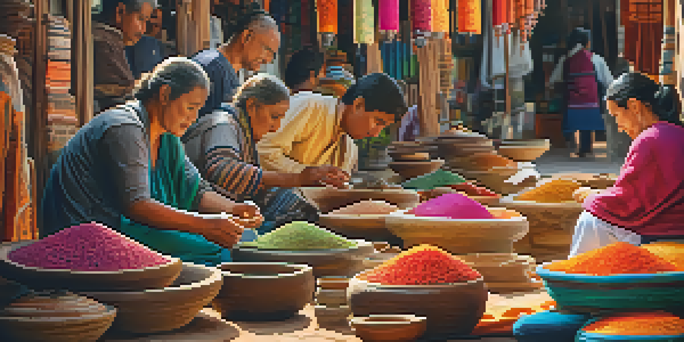 A lively market filled with artisans showcasing handcrafted goods like pottery and textiles, with colorful stalls and warm sunlight.