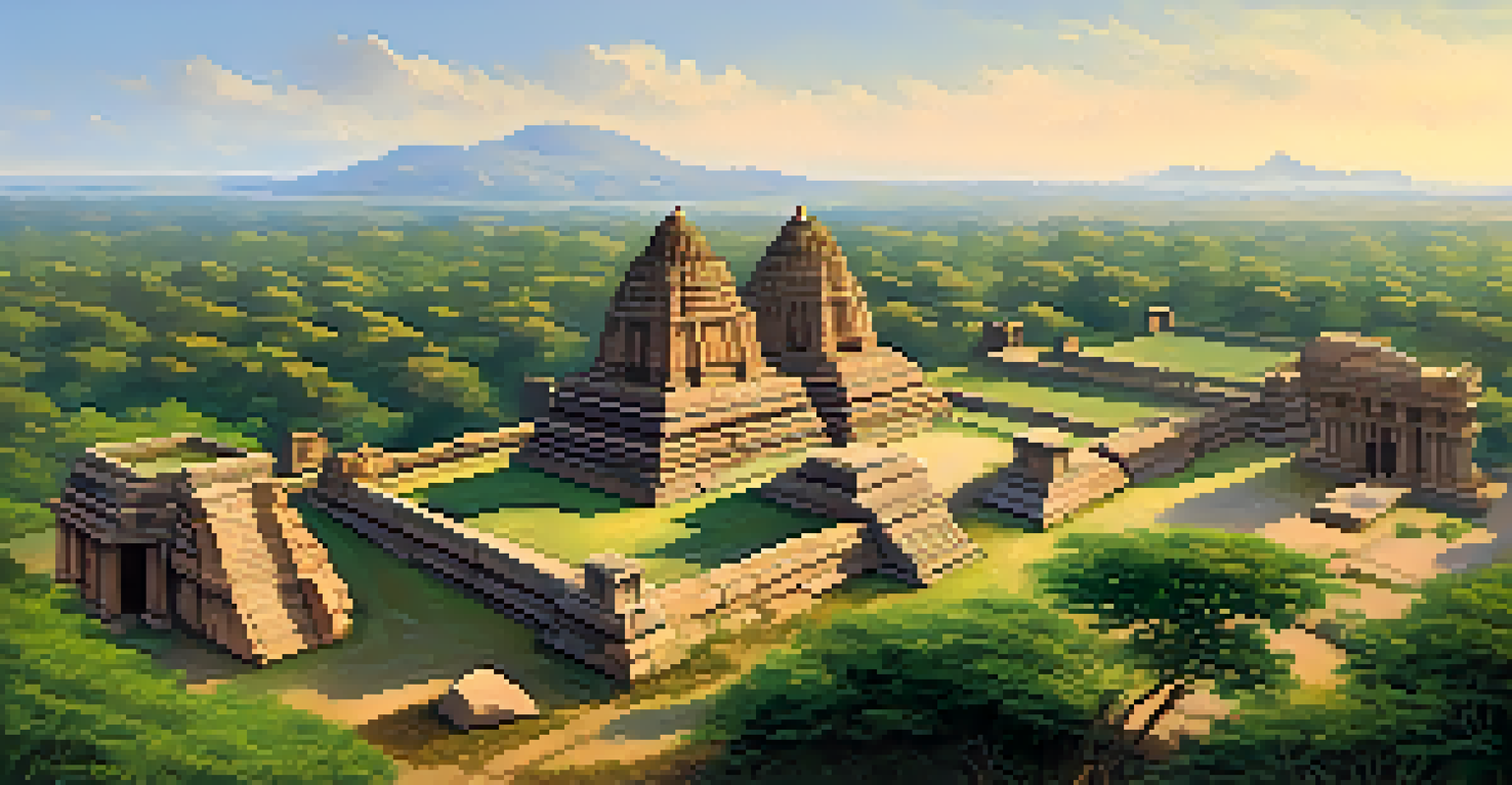 An aerial view of the ancient ruins of Hampi, highlighting rock formations and historical temples.