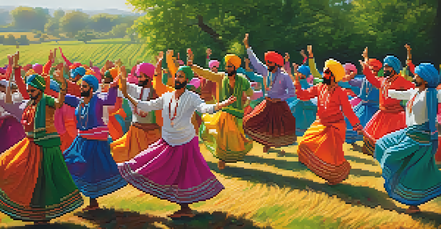 A group of people performing Bhangra dance in colorful traditional attire during a harvest festival in a green field.