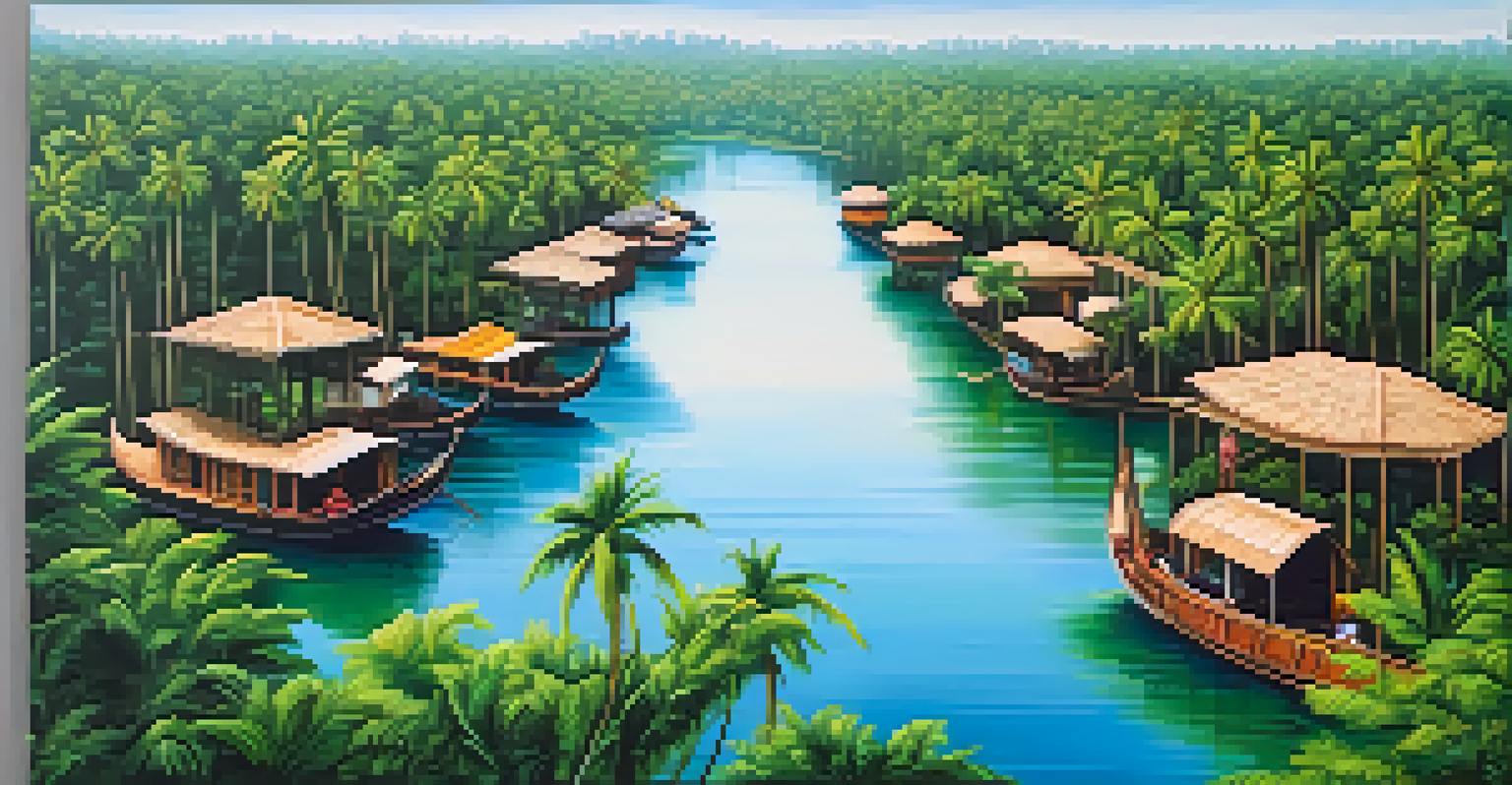 An aerial view of Kerala's backwaters with houseboats and lush palm trees reflecting in the calm waters.