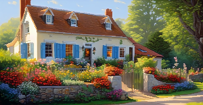 A charming bed-and-breakfast in a village, with beautiful flowers and warm morning light shining through the windows.