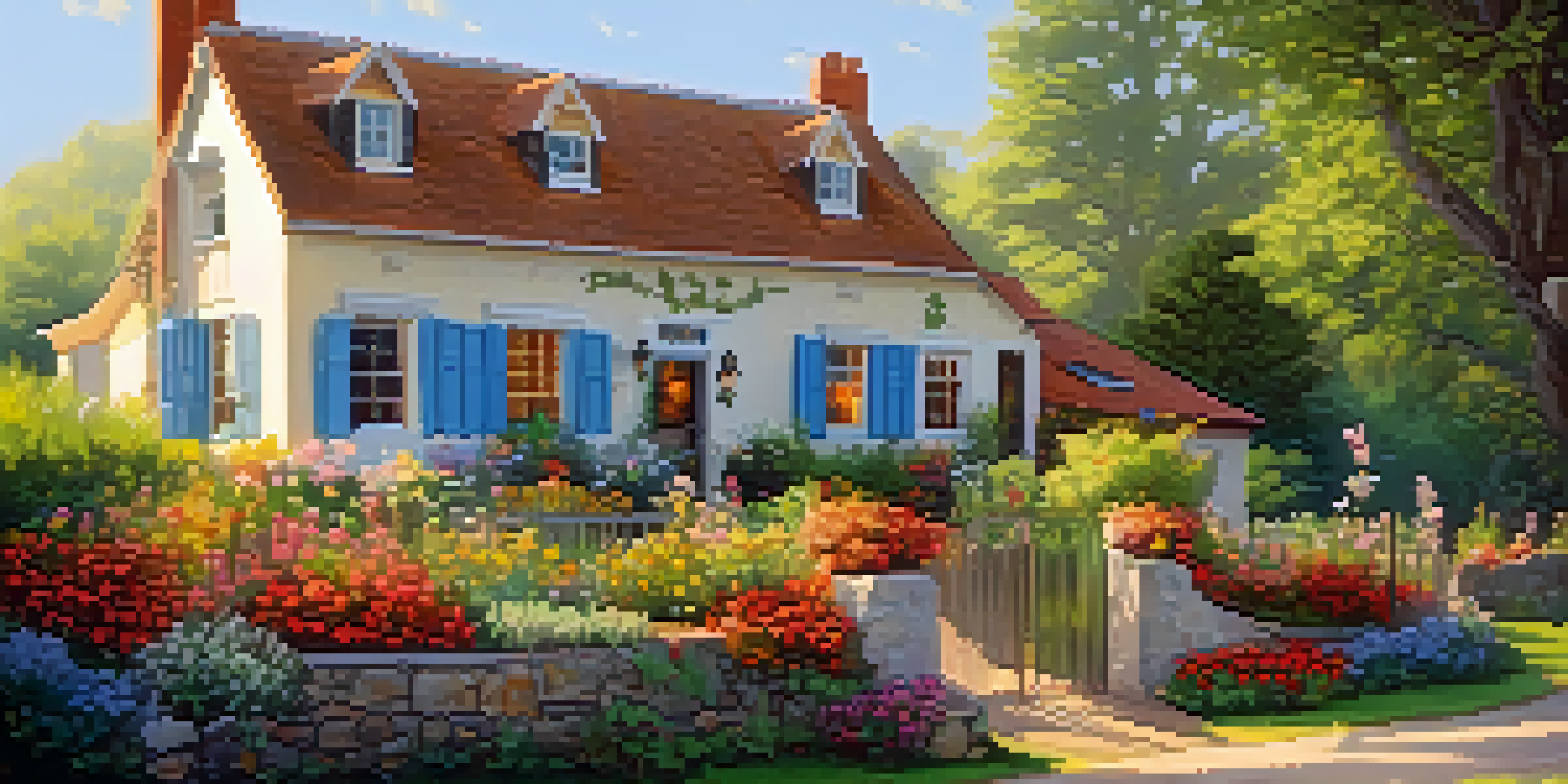 A charming bed-and-breakfast in a village, with beautiful flowers and warm morning light shining through the windows.