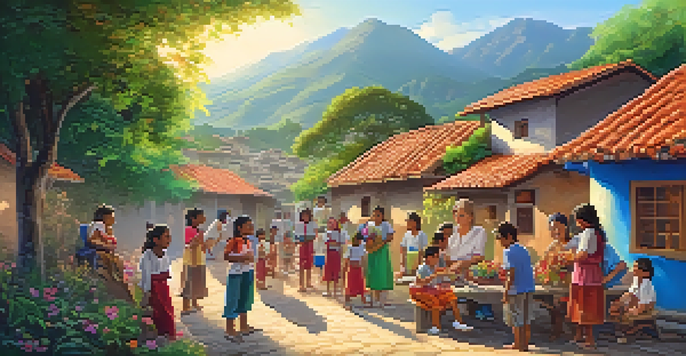 A diverse group of volunteers interacting with local children in a colorful village, with traditional houses and greenery in the background.