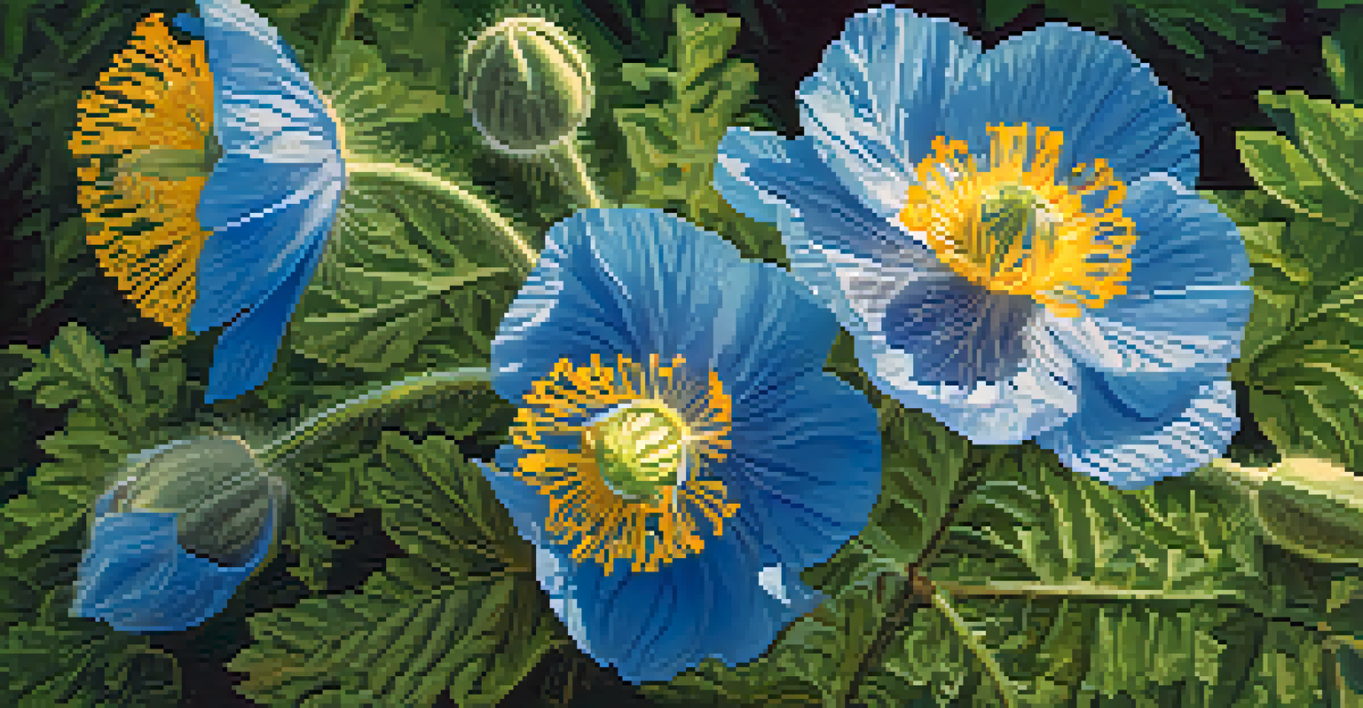 A close-up view of a vibrant blue Himalayan blue poppy flower surrounded by green foliage.