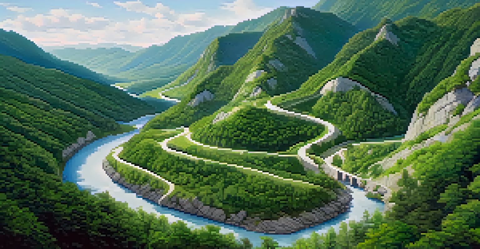 An aerial view of a winding pilgrimage route through mountains, with pilgrims walking along a path amid lush forests and a river.