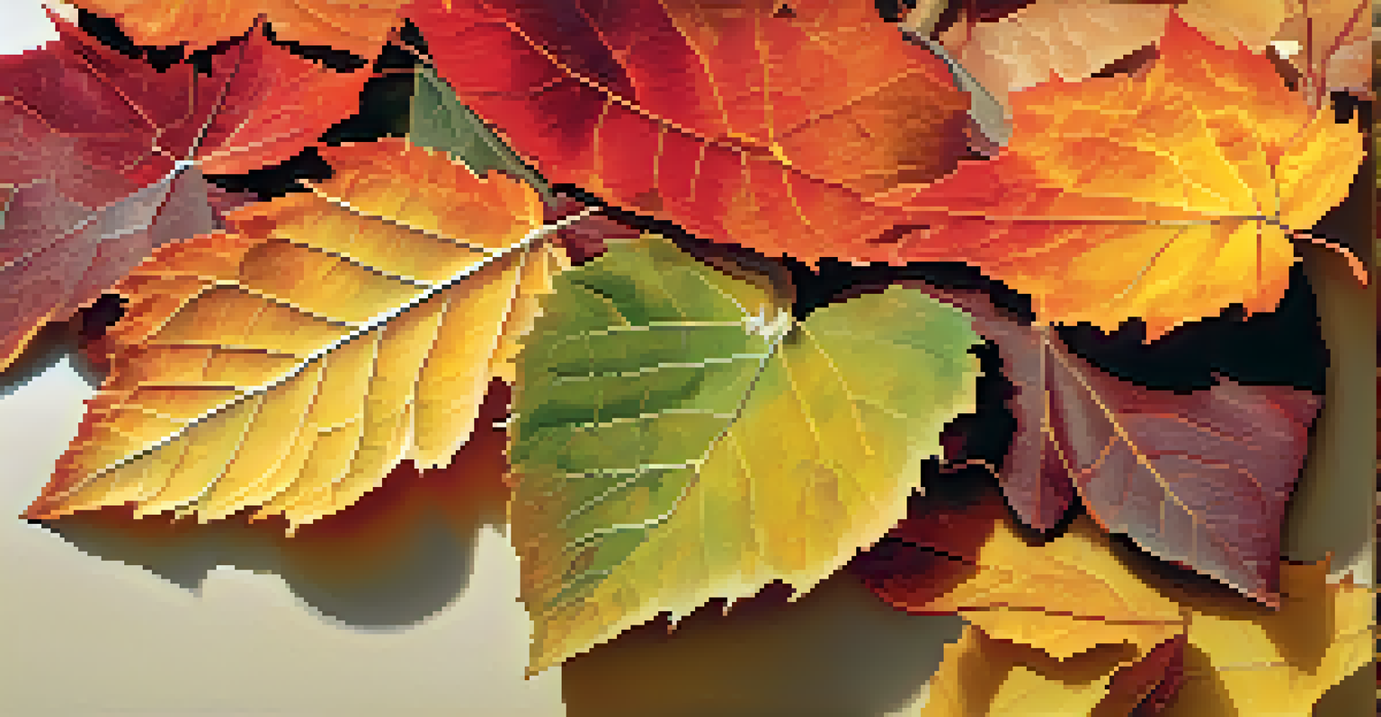 A close-up view of colorful autumn leaves showcasing detailed textures and vibrant colors.