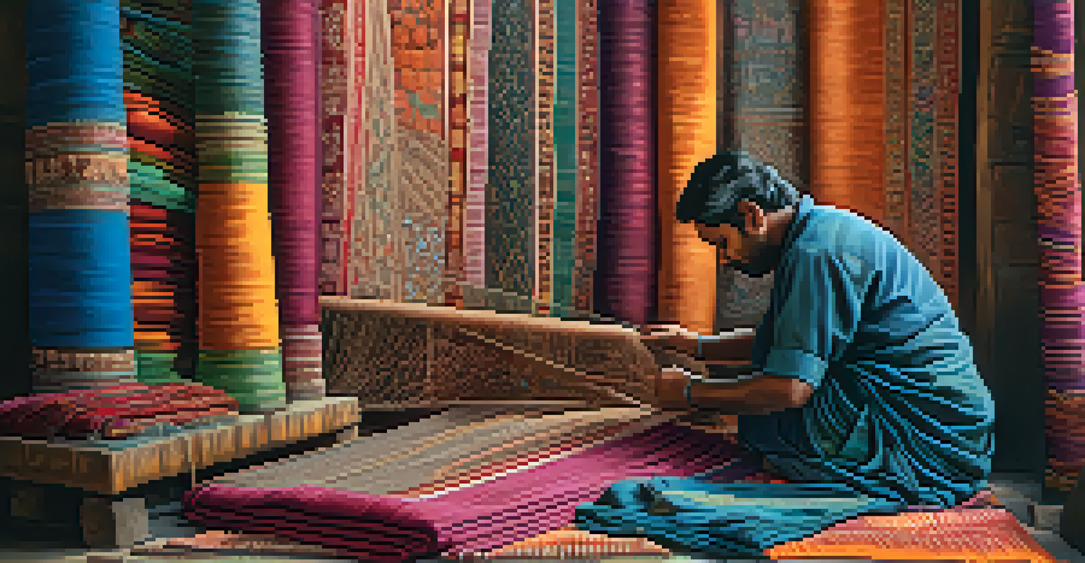 An artisan weaving a tapestry in an Indian market, showcasing colorful threads and intricate patterns.
