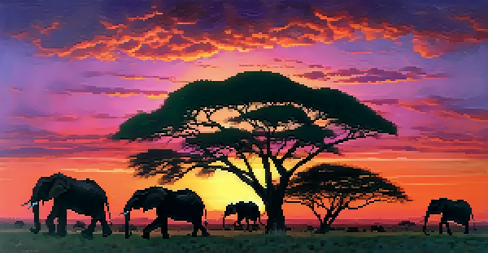 A picturesque sunset in the Serengeti with elephants in silhouette against a colorful sky.