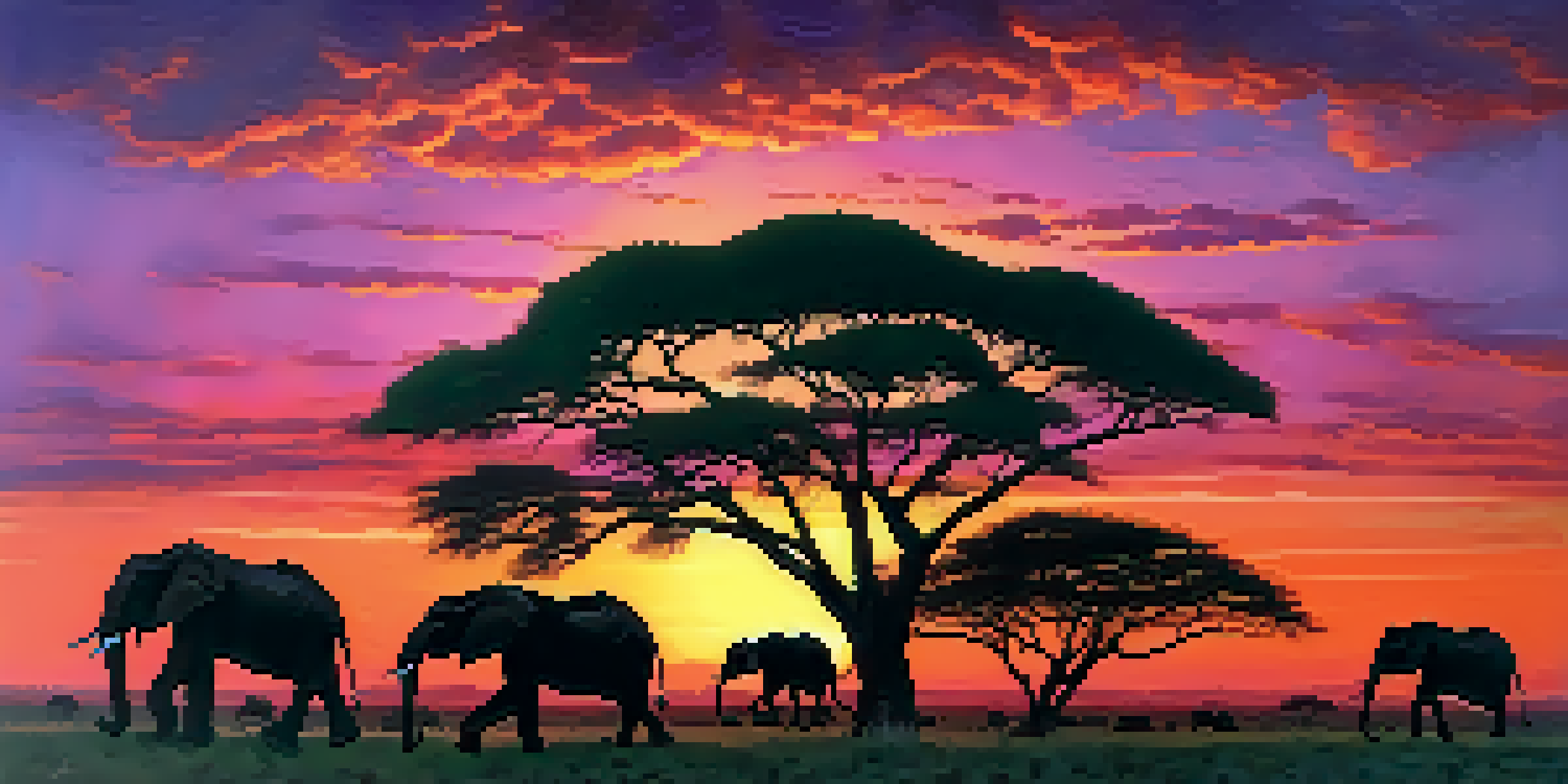 A picturesque sunset in the Serengeti with elephants in silhouette against a colorful sky.
