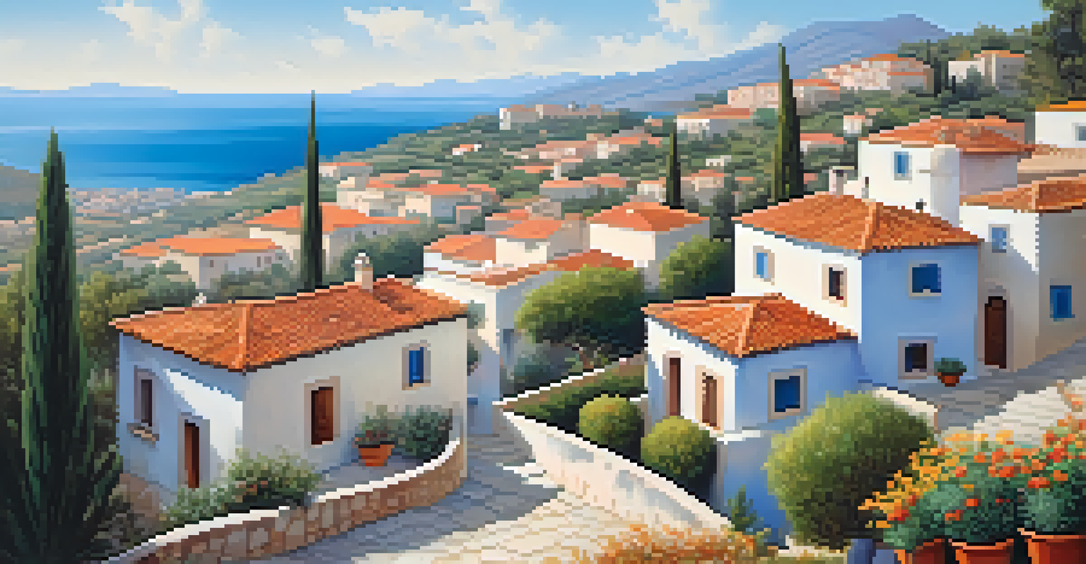 A Mediterranean village with colorful stucco homes and tiled roofs, surrounded by olive trees and flowers.
