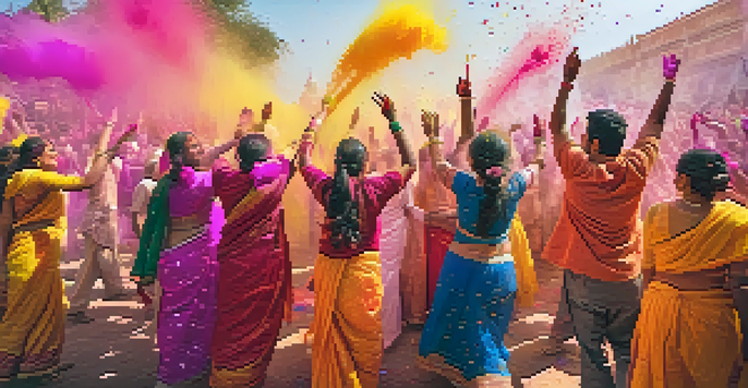 A colorful celebration of Holi with people throwing colored powders and flowers in a sunny setting.