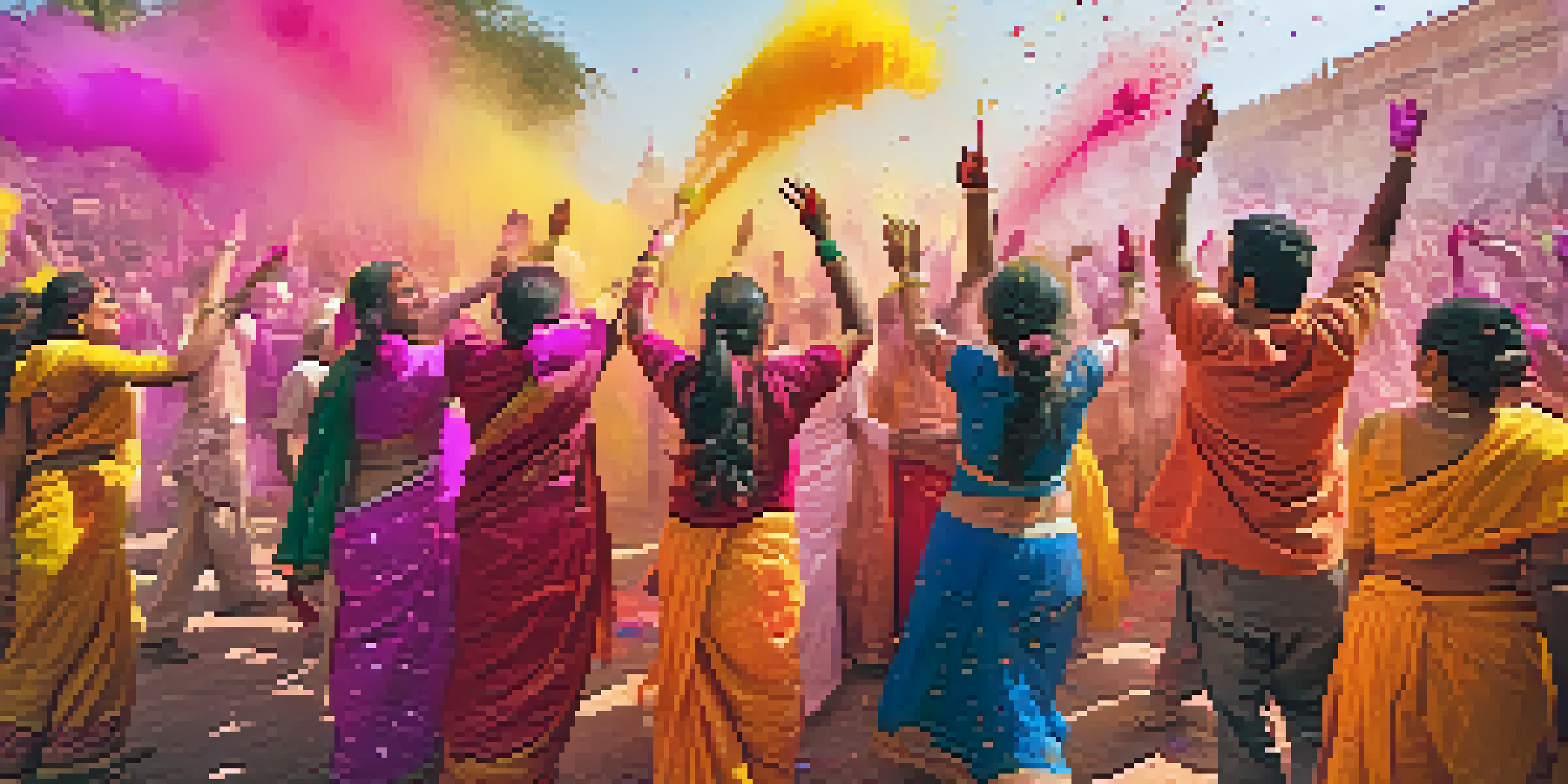 A colorful celebration of Holi with people throwing colored powders and flowers in a sunny setting.