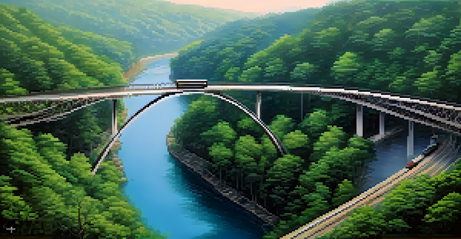 A train crosses a bridge over a river surrounded by lush forests, showcasing the beauty of nature and engineering.