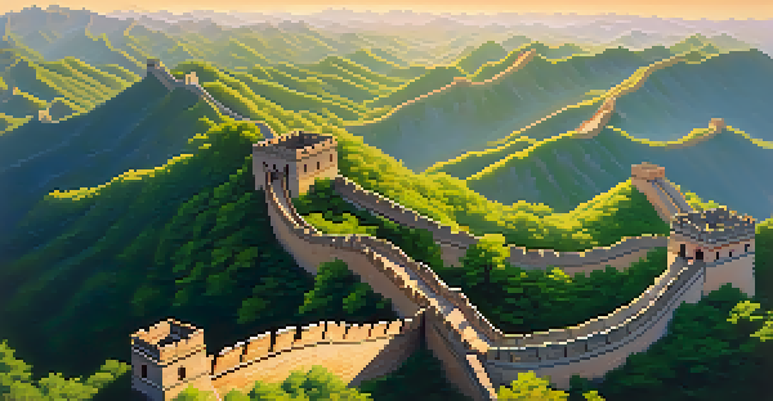 Aerial view of the Great Wall of China taken by a drone during golden hour, highlighting the mountainous landscape.