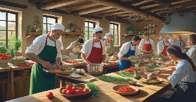 A cooking workshop in Tuscany with participants learning to make pasta, surrounded by fresh ingredients and a warm atmosphere.