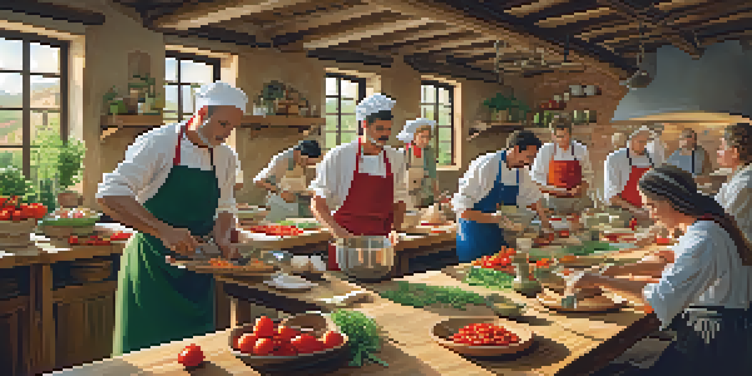 A cooking workshop in Tuscany with participants learning to make pasta, surrounded by fresh ingredients and a warm atmosphere.