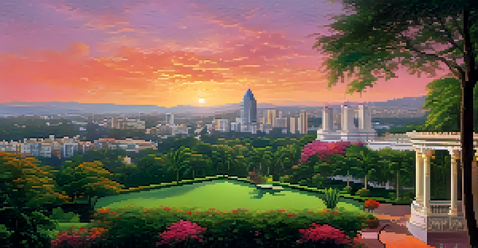 A panoramic view of Pune's skyline at sunset, featuring modern skyscrapers and historical structures, with lush green parks in the foreground.