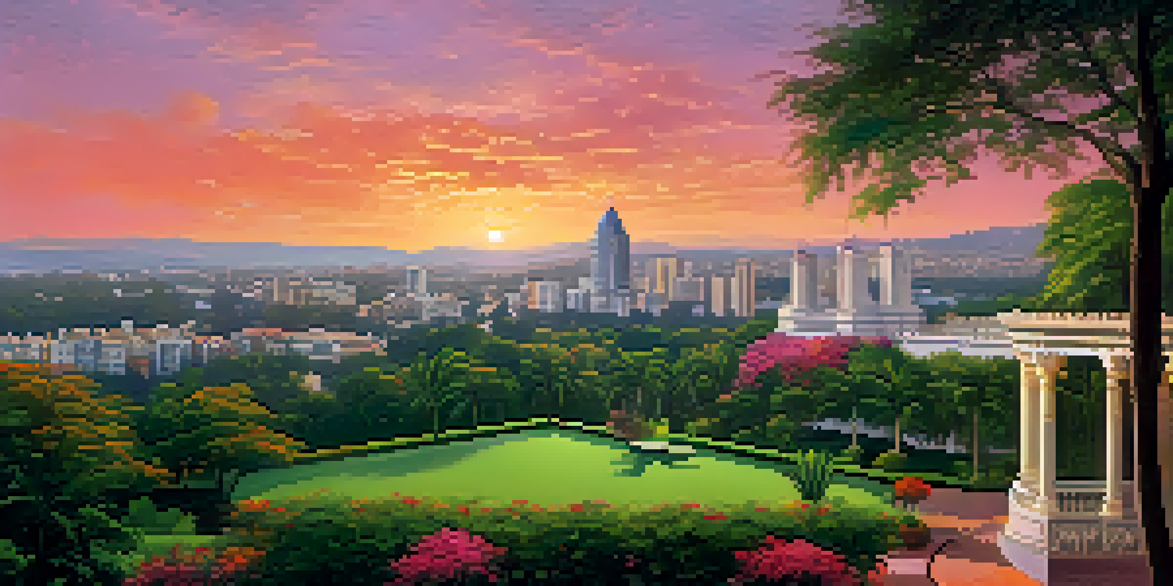 A panoramic view of Pune's skyline at sunset, featuring modern skyscrapers and historical structures, with lush green parks in the foreground.