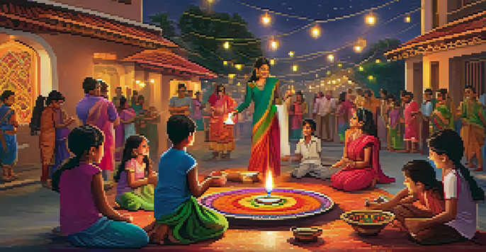 Families celebrating Diwali with oil lamps and colorful rangoli designs, surrounded by fireworks and children with sparklers.