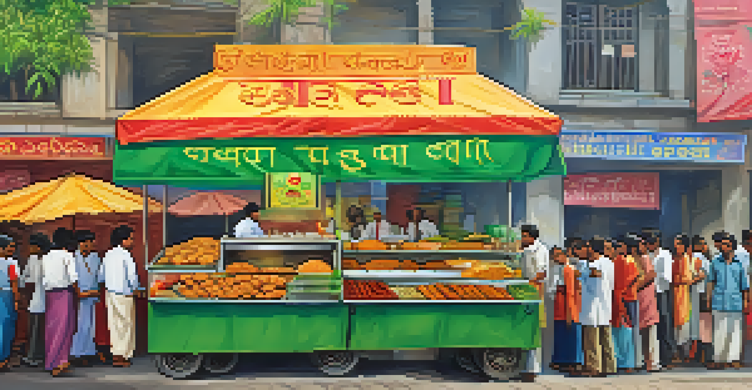 A vibrant street food stall in Mumbai, where a vendor prepares vada pav, surrounded by colorful ingredients and enthusiastic customers.