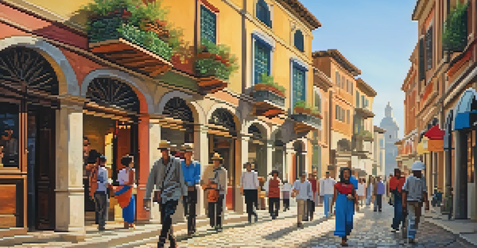 A group of diverse people walking together on a cobblestone street lined with historic buildings and colorful shops.