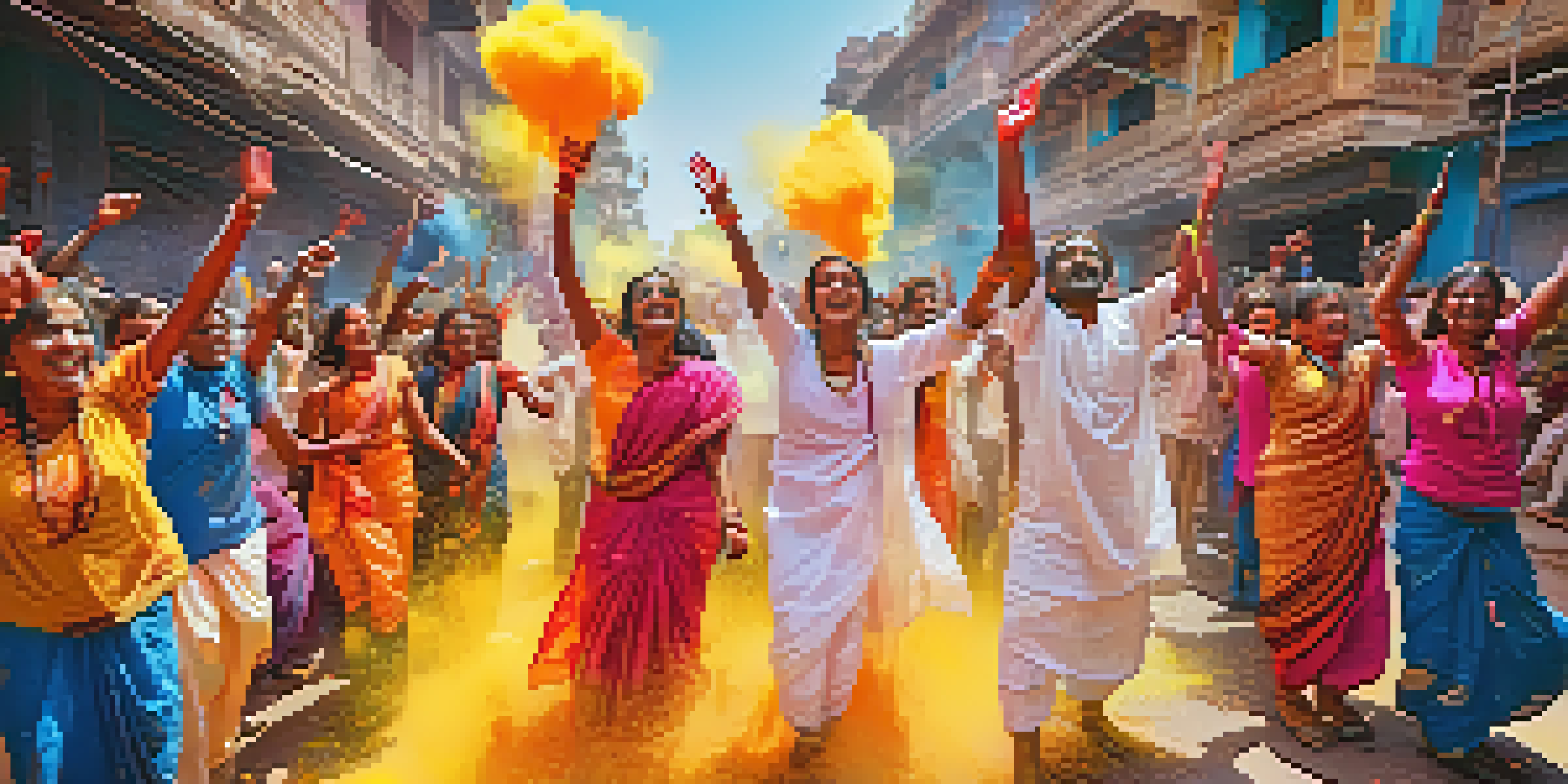A colorful festival scene with people celebrating Holi by throwing colored powders in a lively street.