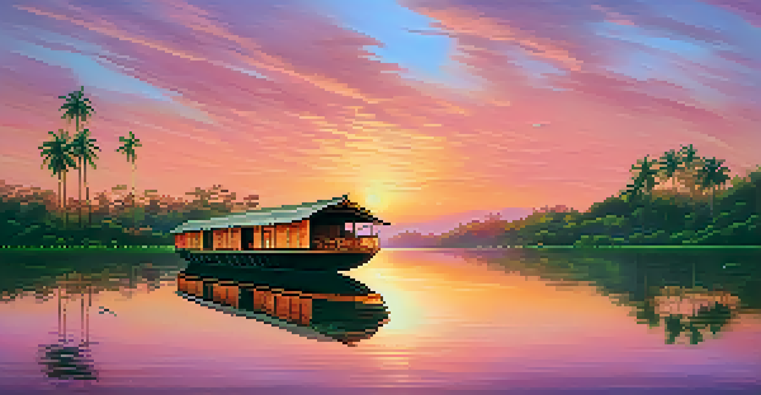 A serene lake in Kerala at sunset with houseboats and lush greenery reflecting the colorful sky.