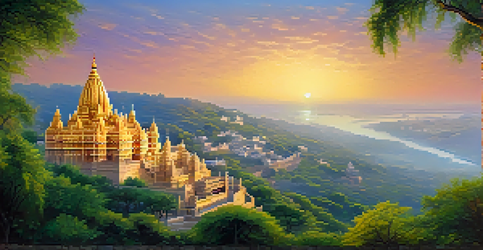 A scenic sunrise view of hilltop temples in Palitana, with pilgrims climbing steps amidst lush greenery and mist.