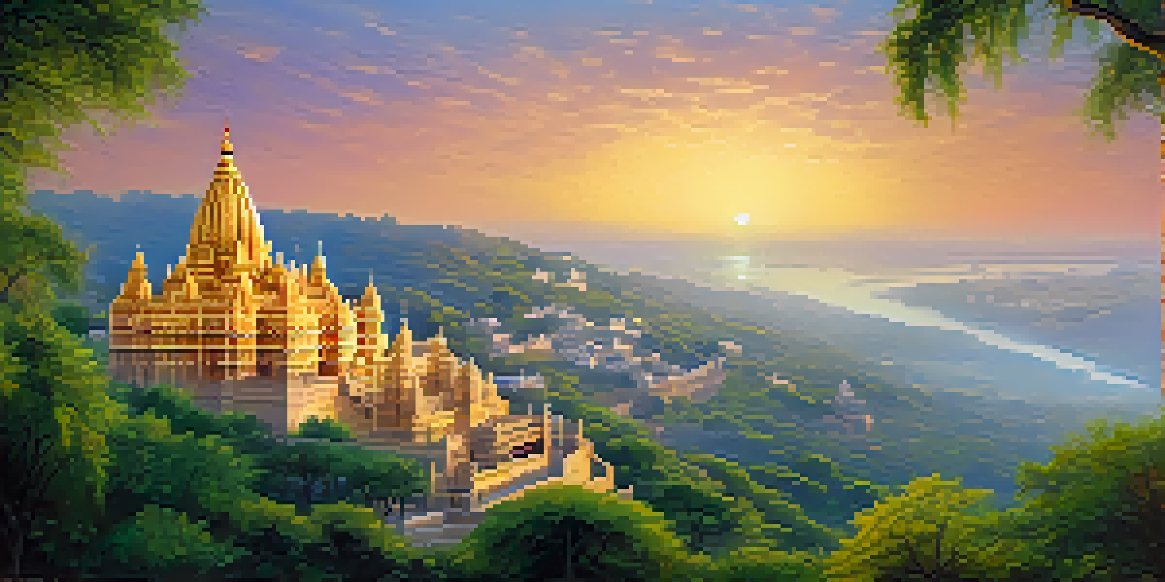 A scenic sunrise view of hilltop temples in Palitana, with pilgrims climbing steps amidst lush greenery and mist.