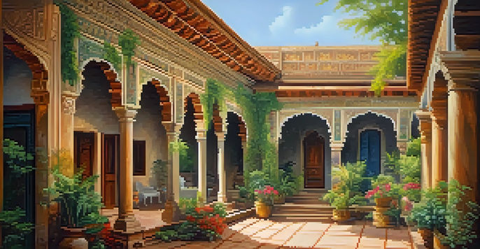 A restored heritage property with detailed architecture, featuring a courtyard full of greenery and flowers, illuminated by warm sunlight.