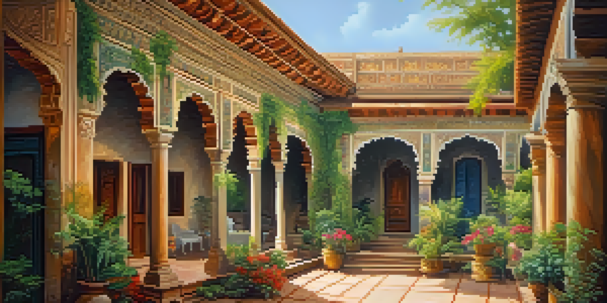 A restored heritage property with detailed architecture, featuring a courtyard full of greenery and flowers, illuminated by warm sunlight.