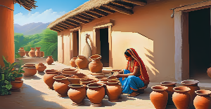 An artisan shaping clay on a potter's wheel in a village, surrounded by colorful terracotta pots and lush greenery.