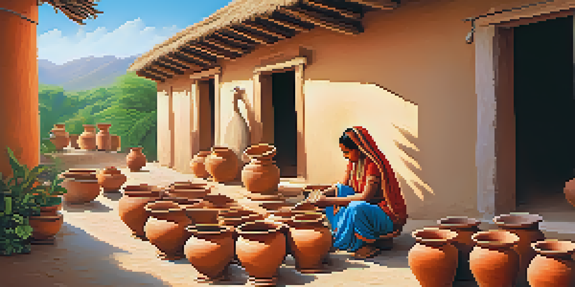 An artisan shaping clay on a potter's wheel in a village, surrounded by colorful terracotta pots and lush greenery.