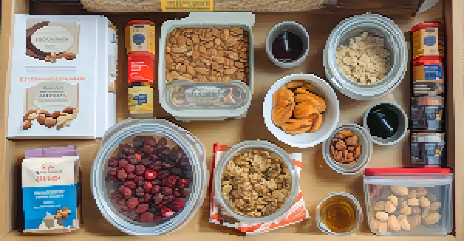 A travel meal prep display with snacks in reusable containers on a kitchen table.
