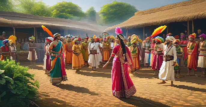 A lively historical reenactment in India with dancers in traditional clothing and a village backdrop.