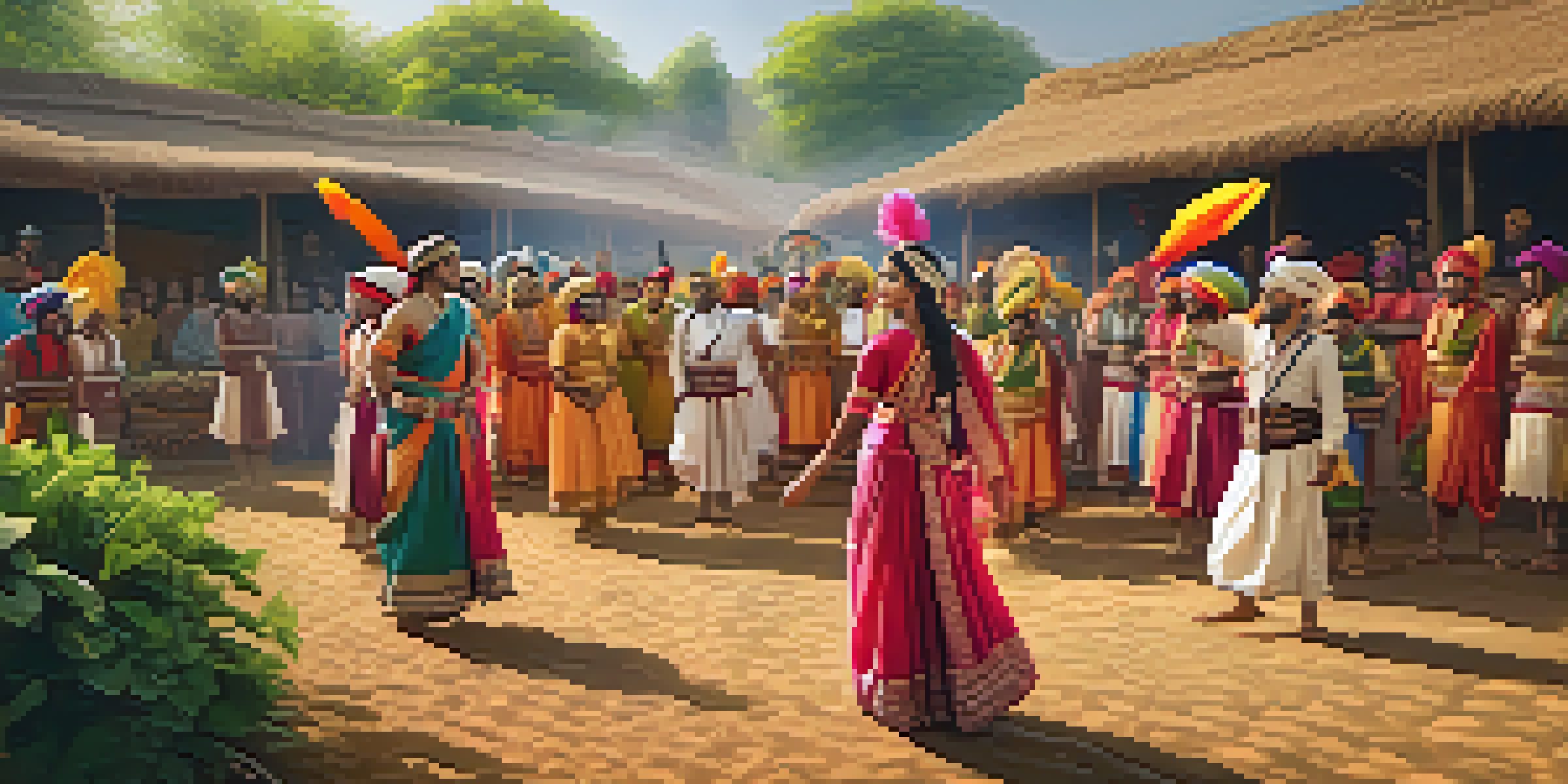 A lively historical reenactment in India with dancers in traditional clothing and a village backdrop.