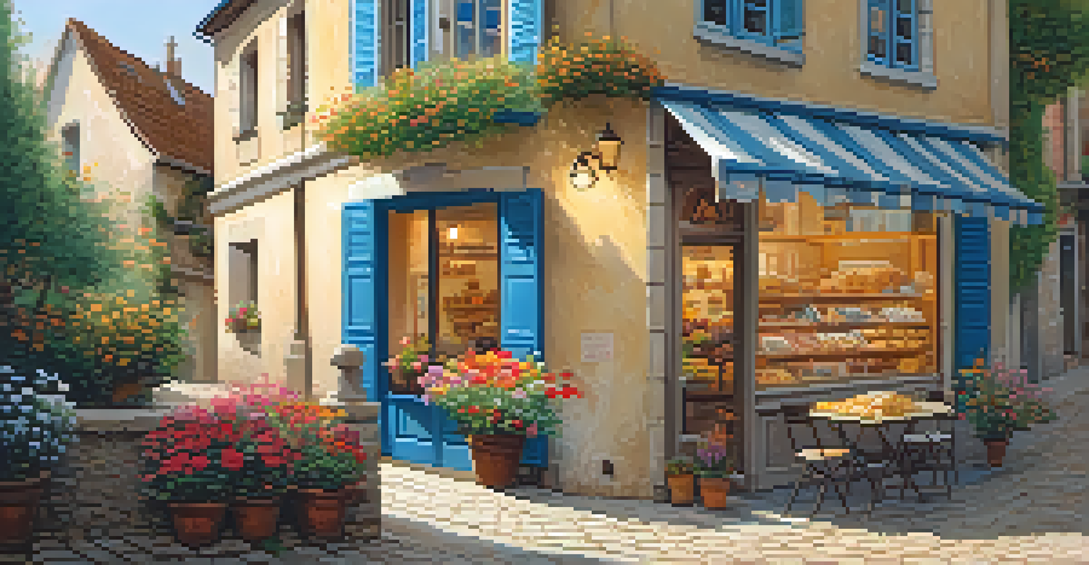 A peaceful French village with a traveler conversing with a shopkeeper outside a bakery, surrounded by blooming flowers.